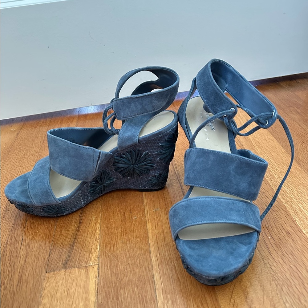 Lord & Taylor Blue-Gray Suede Floral Wedge Sandals